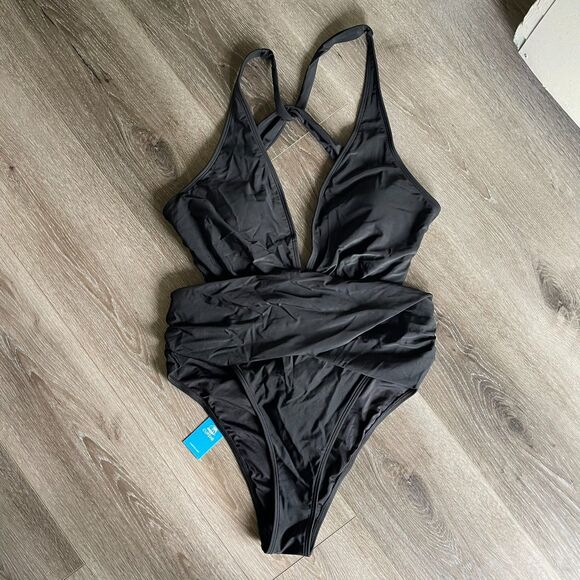 NWT Cupshe x Jojo Fletcher Mindful Solids Deep Onyx Plunge One Piece Size XL - Picture 4 of 9